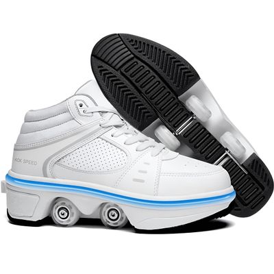Pairobin 2-in-1 Roller Skates Shoes with Retractable 4 Wheels & Pop-Out Deformation Sneakers Outdoor Sports Skating Shoes for Girls Boys, High-top White, 3.5