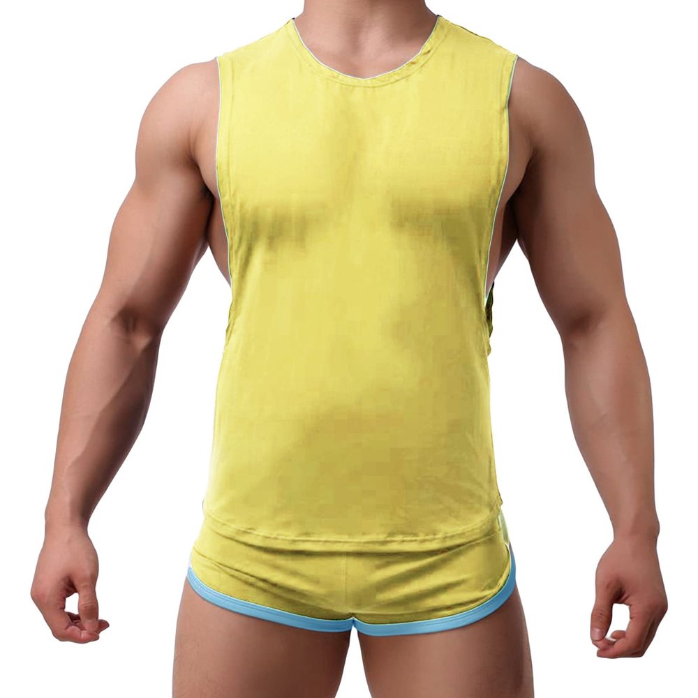 Men's Round Neck Slim Vest Body Chest Tight Tank Top Undershirt Sport Supporter Workout Slimming Muscle Undershirt (Yellow,XX-Large)