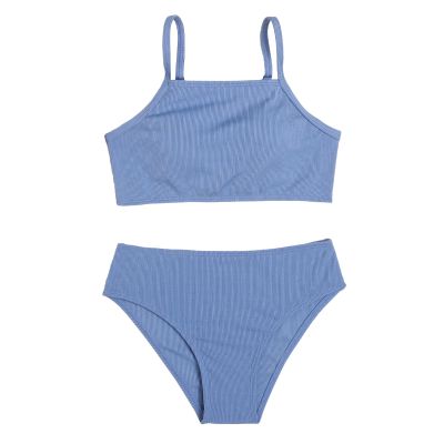 JEATHA Kids Girls Two Piece Swimsuit Bikini Swimming Bathing Suit Beachwear Beach Camisole and Swim Triangle Brief Set Navy Blue 8-10 Years