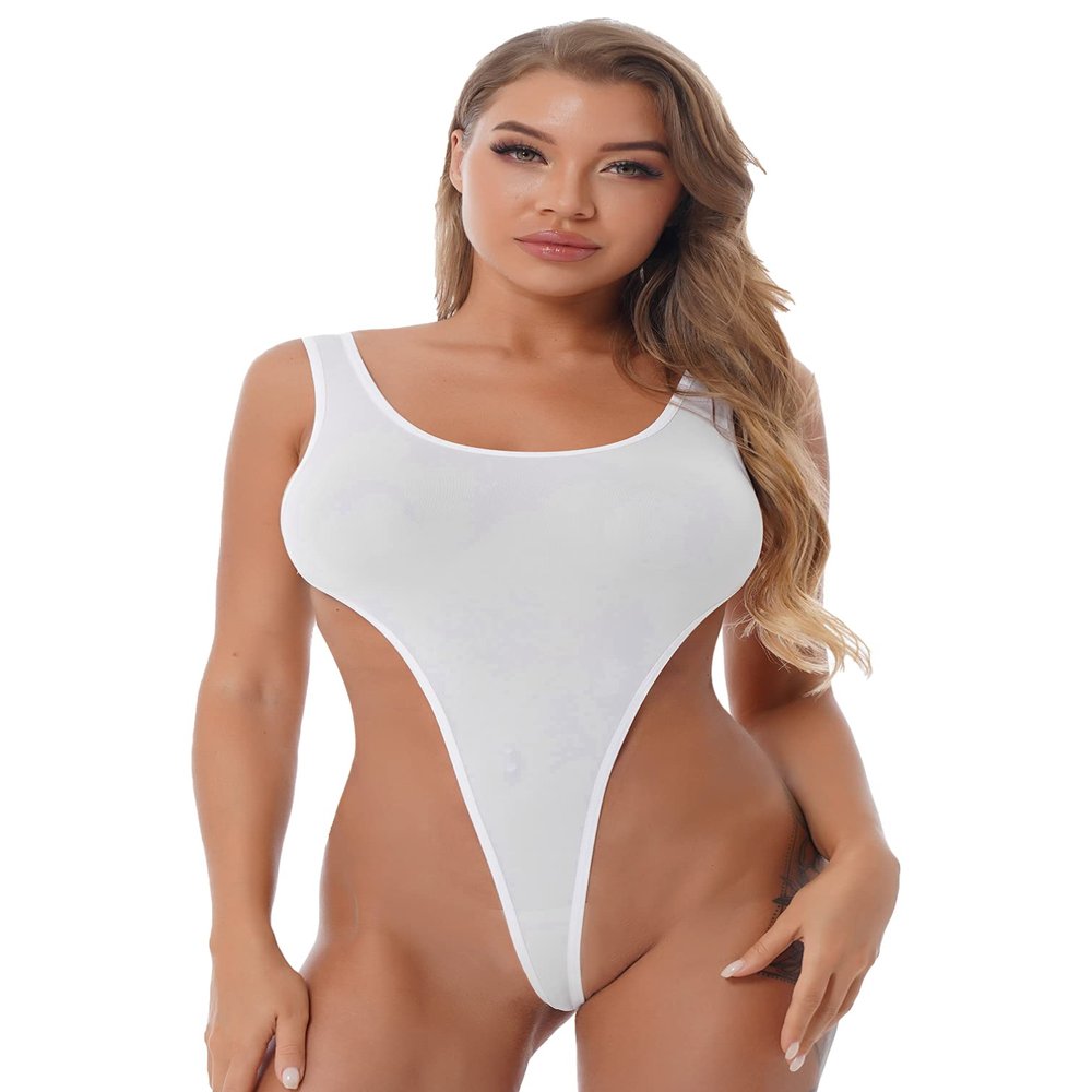 Jhaoyu Women's Sexy Thong One Piece Bodysuit Swimsuits Sides Clasp Closure High Cut Bathing Suits White One Size