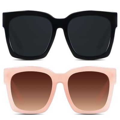 ANDWOOD Oversized Sunglasses for Women Big Large Square Wide Frame Shades Retro Trendy Fashion UV Protection 2 Pack Black Pink Sun glasses