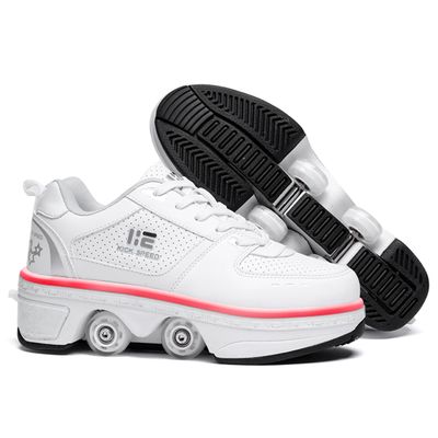 Pairobin 2-in-1 Roller Skates Shoes with Retractable 4 Wheels & Pop-Out Deformation Sneakers Outdoor Sports Skating Shoes for Girls Boys, Low-top White, 6.5