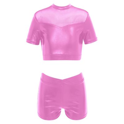 JEATHA Girls 2-Piece Athletic Swimsuits Summer Tracksuit Crop Tank Tops with Shorts for Gymnastics Dancing Swimming Pink 10 Years