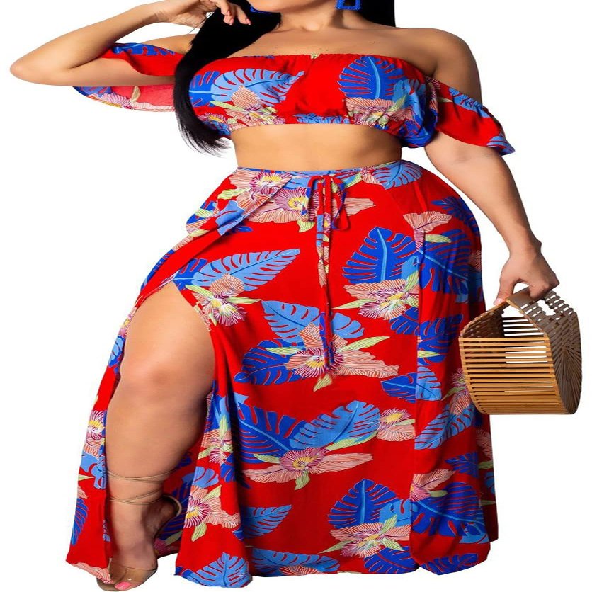 Casual Two Piece Sets for Women Party Vacation Elegant Tropical Floral Off Shoulder Tube Top Long Maxi Split Skirt Dresses Beach Cover Ups(XX-Large) Red/Blue