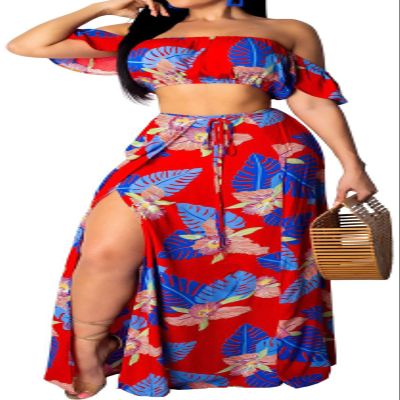 Casual Two Piece Sets for Women Party Vacation Elegant Tropical Floral Off Shoulder Tube Top Long Maxi Split Skirt Dresses Beach Cover Ups(Small) Red/Blue