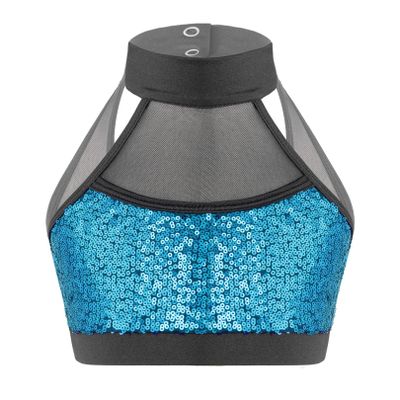 FEESHOW Youth Girls Shiny Sequins Dance Sports Bra Crop Tops for Athletic Yoga Gymnastics Ballet Leotard Dance Workout Sky Blue 12 Years