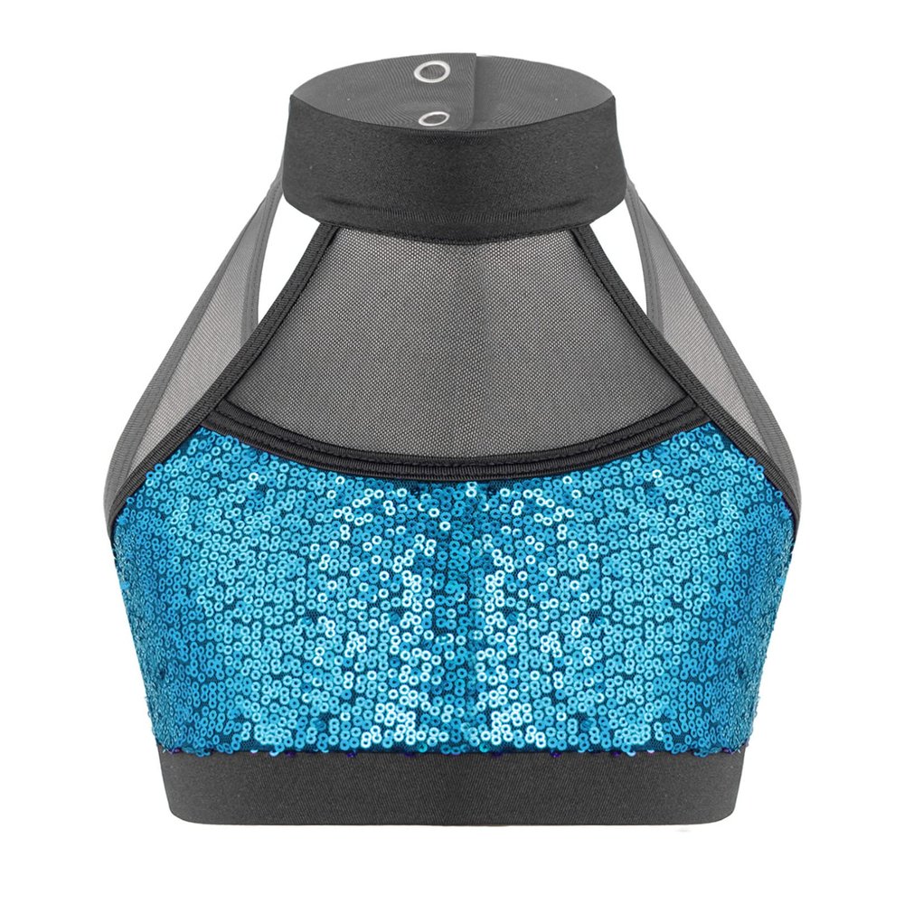FEESHOW Youth Girls Shiny Sequins Dance Sports Bra Crop Tops for Athletic Yoga Gymnastics Ballet Leotard Dance Workout Sky Blue 12 Years