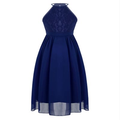 JEEYJOO Kids Girls Halter Neck Lace Floral Bridesmaid Wedding Pageant Party Cutout Back Chiffon Flower Girls Dress Navy Blue 10 Years