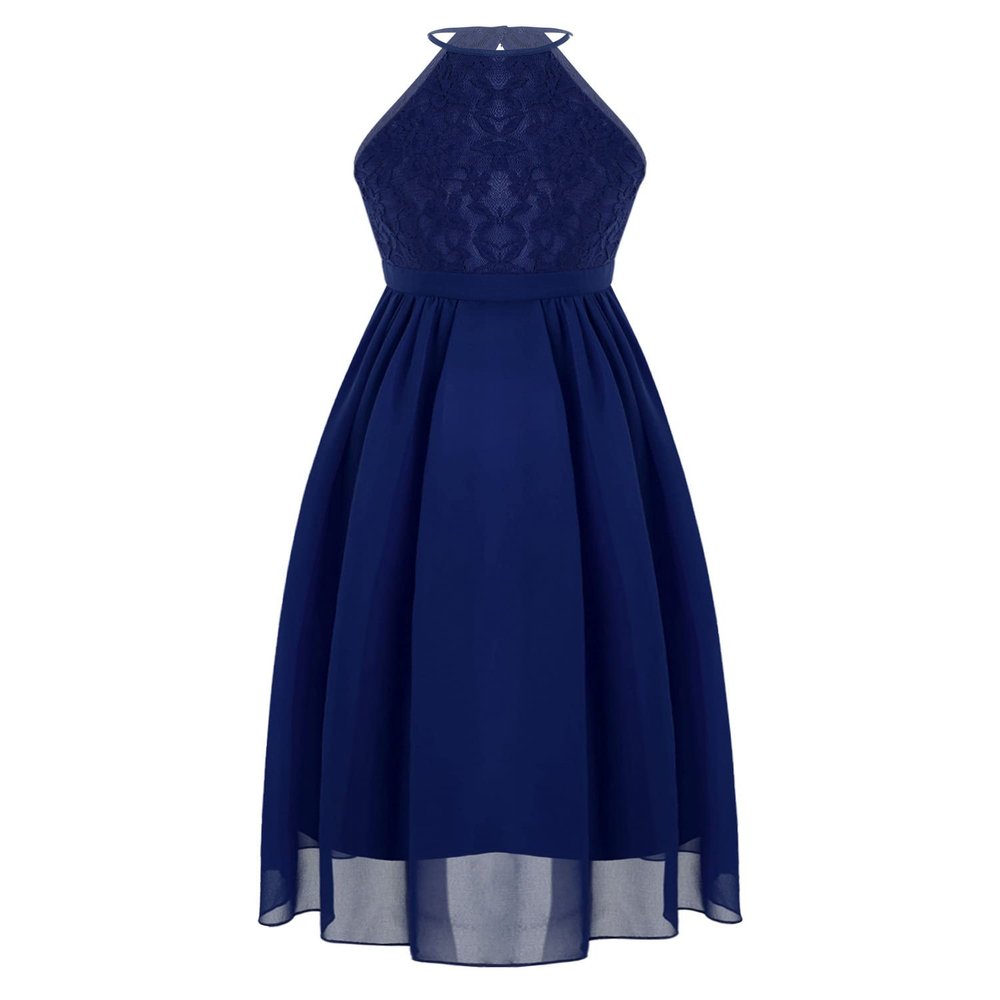 JEEYJOO Kids Girls Halter Neck Lace Floral Bridesmaid Wedding Pageant Party Cutout Back Chiffon Flower Girls Dress Navy Blue 10 Years
