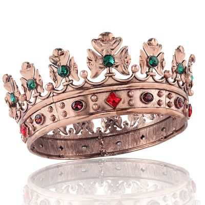 YOVECATHOU Baroque Royal Crown Men's Metal Prince Hair Crown Full Circle Birthday Party Hair Accessories For Halloween Prom (Bronze With Green Stone)