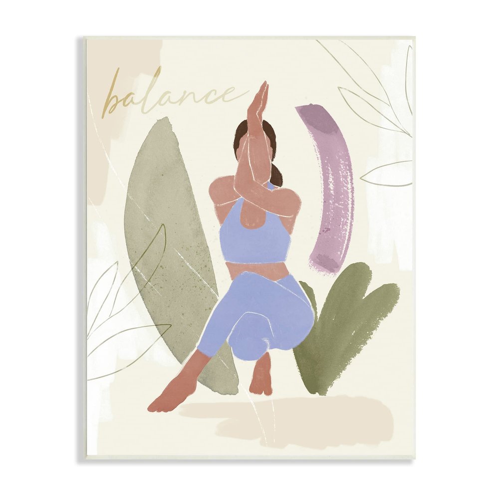 Stupell Industries Balance Text Yoga Fitness Person Botanical Brushstrokes,Design by Victoria Barnes,Beige, 13 x 19