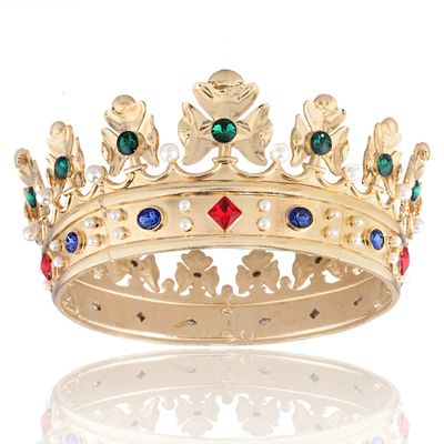YADIRF Baroque Royal Crown Men's Metal Prince Hair Crown Full Circle Birthday Party Hair Accessories For Halloween Costume Party Prom Pageant (Gold With Green Stone)
