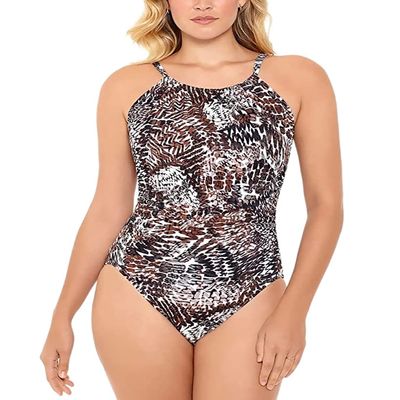 Swim Solutions Women's Brown Printed Tummy Control Halter One Piece Swimsuit 10