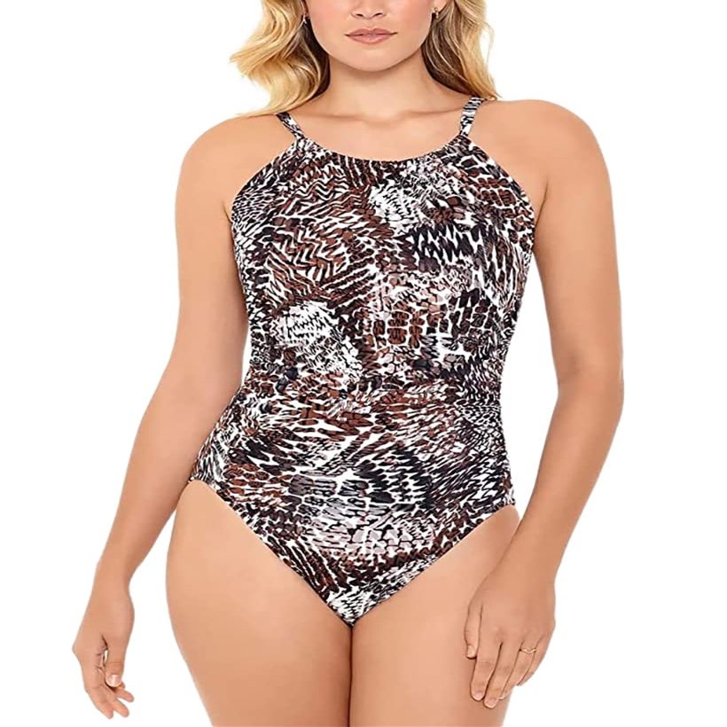 Swim Solutions Women's Brown Printed Tummy Control Halter One Piece Swimsuit 10
