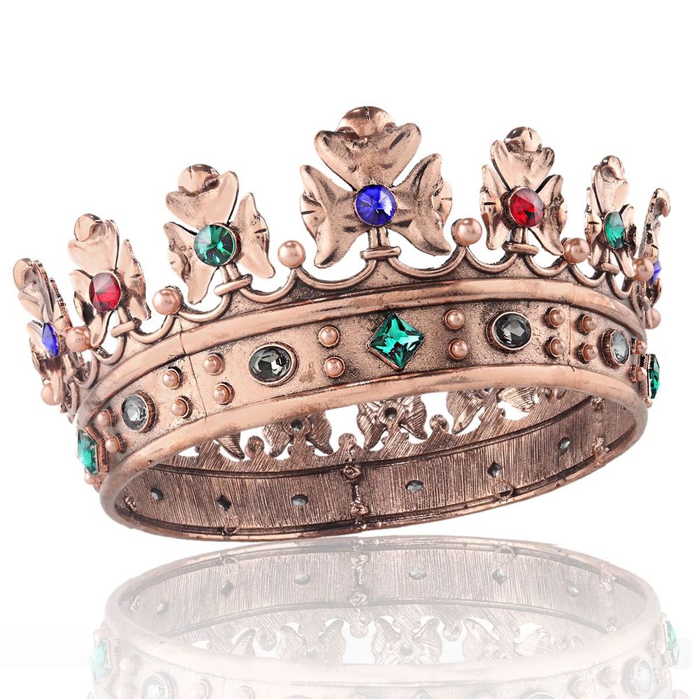 YADIRF Baroque Royal Crown Men's Metal Prince Hair Crown Full Circle Birthday Party Hair Accessories For Halloween Costume Party Prom Pageant (Bronze With Colorful Stone)
