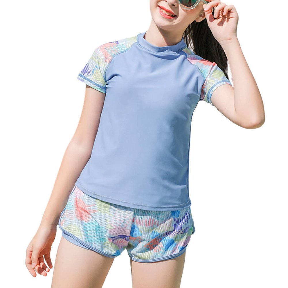 KID1234 Girls Swimsuit Two Piece Rashguard Swimwear Bathing Suit UPF 50+ Beach Wear for Girls 9-10 Years Blue