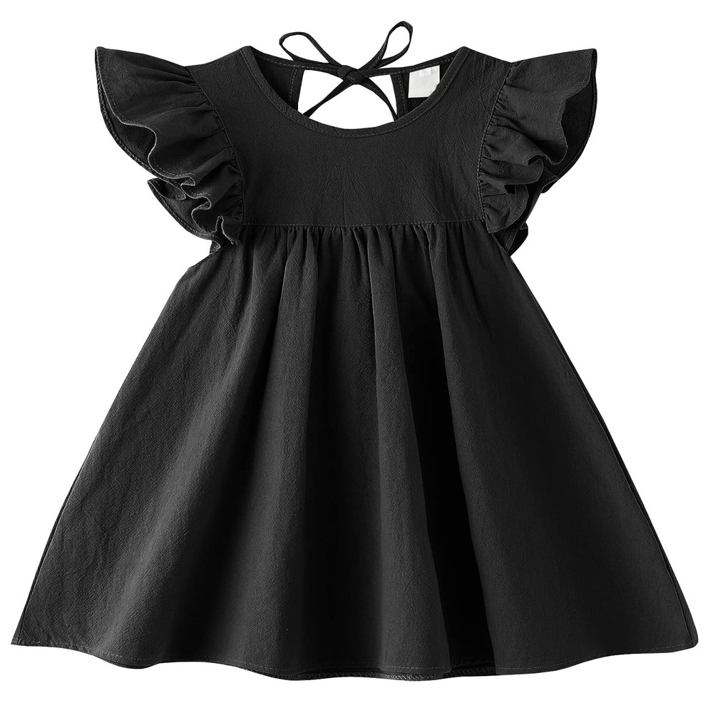 Dutebare Toddler Baby Girl Dress Cotton Linen Ruffle Halter Sleeveless Dresses Kids Summer Sundress Black 90