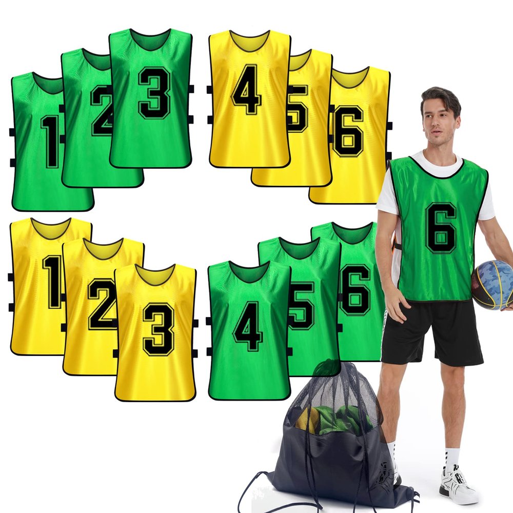 PULUOMASI Sports Pinnies-Numbered Practice Vest Pennies for Soccer Basketball Jersey Bibs -Set of 12/Youth Adults Team Green Yellow L