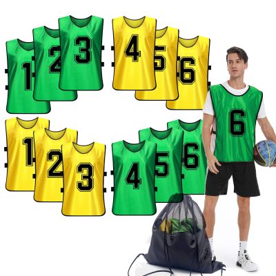 PULUOMASI Sports Pinnies-Numbered Practice Vest Pennies for Soccer Basketball Jersey Bibs -Set of 12/Youth Adults Team Green Yellow XL