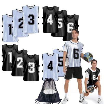 PULUOMASI Sports Pinnies-Numbered Practice Vest Pennies for Soccer Basketball Jersey Bibs -Set of 12/Youth Adults Team Black White XL