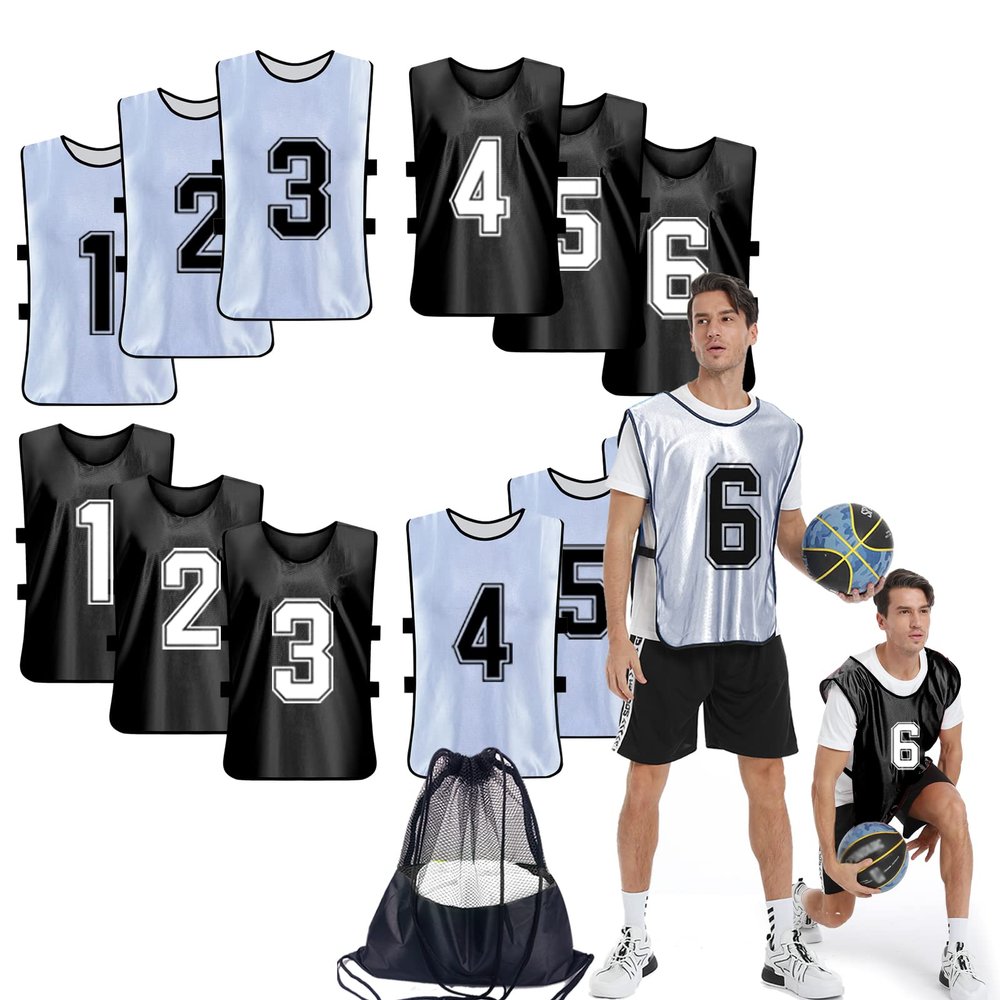 PULUOMASI Sports Pinnies-Numbered Practice Vest Pennies for Soccer Basketball Jersey Bibs -Set of 12/Youth Adults Team Black White XL