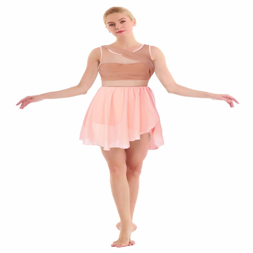 YONGHS Women Lyrical Dance Sleeveless Chiffon Back Cutout Ballet Dress High-Low Skirted Dress for Training Orange Pink Medium
