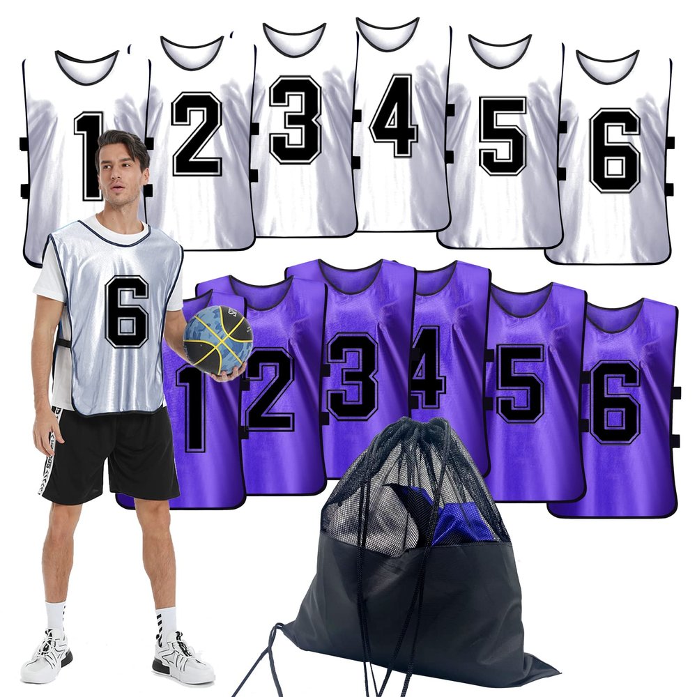 PULUOMASI Sports Pinnies-Numbered Practice Vest Pennies for Soccer Basketball Jersey Bibs -Set of 12/Youth Adults Team Purple White L