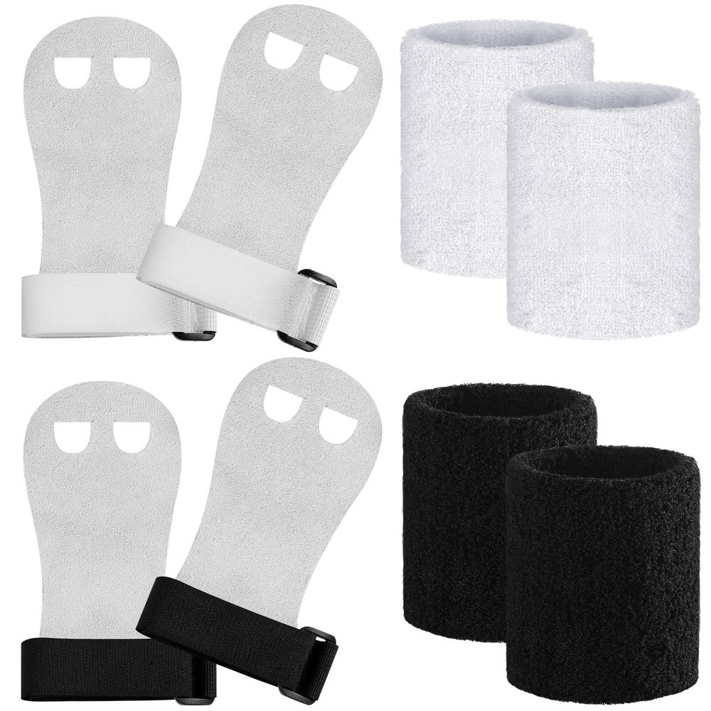 2 Gymnastics Grips Wristbands Sets for Kids Youth, Palm Protection and Wrist Support Sports Accessories for Workout Exercise (Black, White)