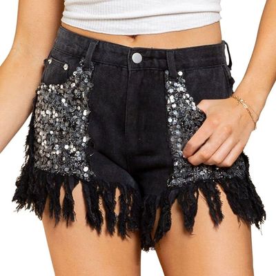 CHARTOU Women's High Waisted Sequins Ripped Denim Shorts Party Distressed Frayed Fringe Jean Shorts (X-Small, Black)