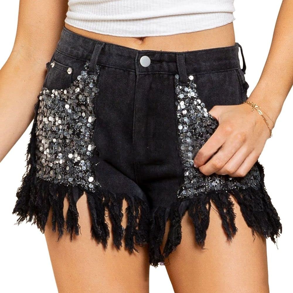 CHARTOU Women's High Waisted Sequins Ripped Denim Shorts Party Distressed Frayed Fringe Jean Shorts (X-Small, Black)