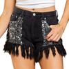 CHARTOU Women's High Waisted Sequins Ripped Denim Shorts Party Distressed Frayed Fringe Jean Shorts (X-Small, Black) view 1