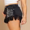 CHARTOU Women's High Waisted Sequins Ripped Denim Shorts Party Distressed Frayed Fringe Jean Shorts (X-Small, Black) view 2