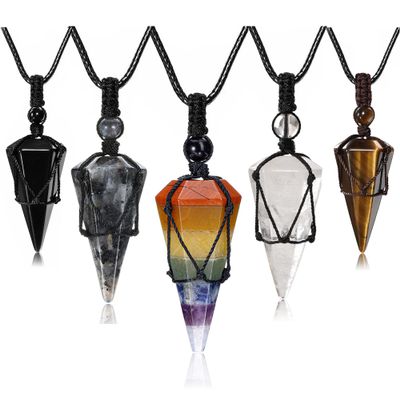 Top Plaza 5 Pcs Healing Crystal Necklaces Stone 6 Facet Pointed Pendant Necklaces Adjustable Natural Reiki Gemstone Necklace Quartz Jewelry for Women Men