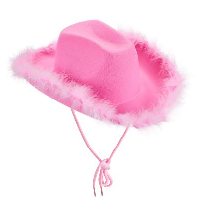 BULINGNA Felt Cowboy Hat for Women Feather Trim Cowgirl Hat for Dress-up Party, Role Play, Cosplay, Halloween Costume Accessories (Pink)