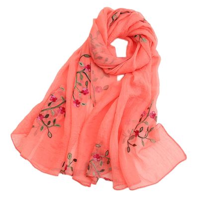 Yizelli Womens Long Scarf Floral Embroidery Chiffon Scarf Beach Wrap Shawl for Spring Summer (Watermelon Red)