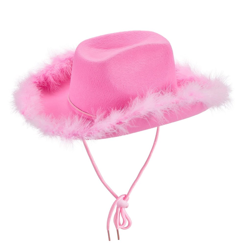 Chloefairy Cowboy Hats for Women,White Pink Cowgirl Hat with Fluffy Feather Trim,Cow Girl Hat Costume Party Play Dress Up (Pink)