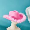 Chloefairy Cowboy Hats for Women,White Pink Cowgirl Hat with Fluffy Feather Trim,Cow Girl Hat Costume Party Play Dress Up (Pink) view 2