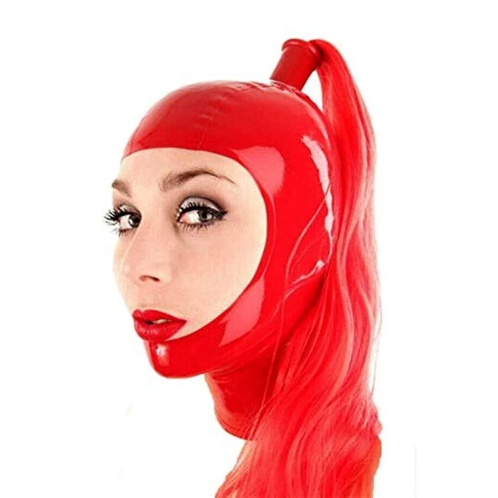 Yilen Latex Hood Mask Holiday Rubber Open Face with Ponytail Wig for Women Latex Mask (M, Black-no wigs)