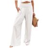 SERYU Women Cotton Linen High Waist Pants Casual Wide Leg Palazzo Lounge Elastic Smocked Trousers with Pockets White Medium view 1