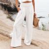 SERYU Women Cotton Linen High Waist Pants Casual Wide Leg Palazzo Lounge Elastic Smocked Trousers with Pockets White Medium view 3