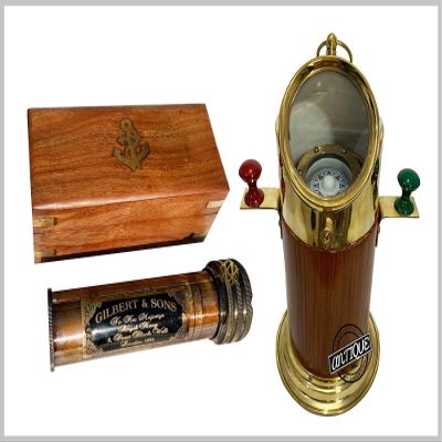 Vintage Gilbert Vintage Brass Kaleidoscope in Wooden Box & Marine Sailor Floating Dial Binnacle Compass