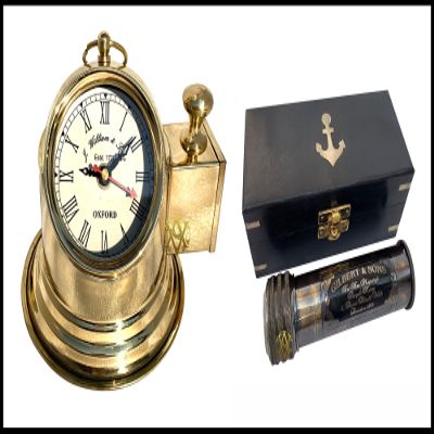 Antique Vibes Nautical Brass London Binnacle Clock Desktop Decor Gift & Vintage Prism Toy Kaleidoscope in Wooden Box