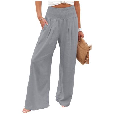 SERYU Women Cotton Linen High Waist Pants Casual Wide Leg Palazzo Lounge Elastic Smocked Trousers with Pockets Greys XX-Large