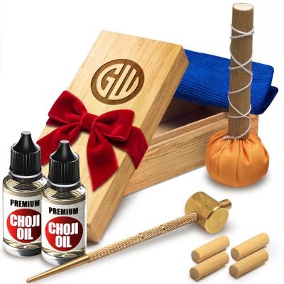 Sword Katana Knife Cleaning Kit - Maintenance Set with 2 Choji Oil - Large Microfiber - Japanese Wooden Stoarge Box - Uchiko Ball - Hammer - 4 Mekugi - Care for Samurai Katanas Swords - Storage Cases