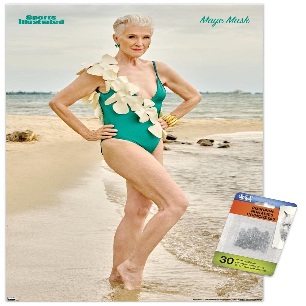 Trends International Sports Illustrated: Swimsuit Edition - Maye Musk 22 Wall Poster, 14.72" x 22.37", Premium Poster & Push Pin Bundle