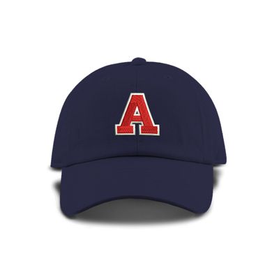 Monogram Letter or Number Baseball Cap - Toddler, Youth Kids, and Adult Adjustable Hat - Navy Hat with White and Red Thread (10+ Adult Size, A)