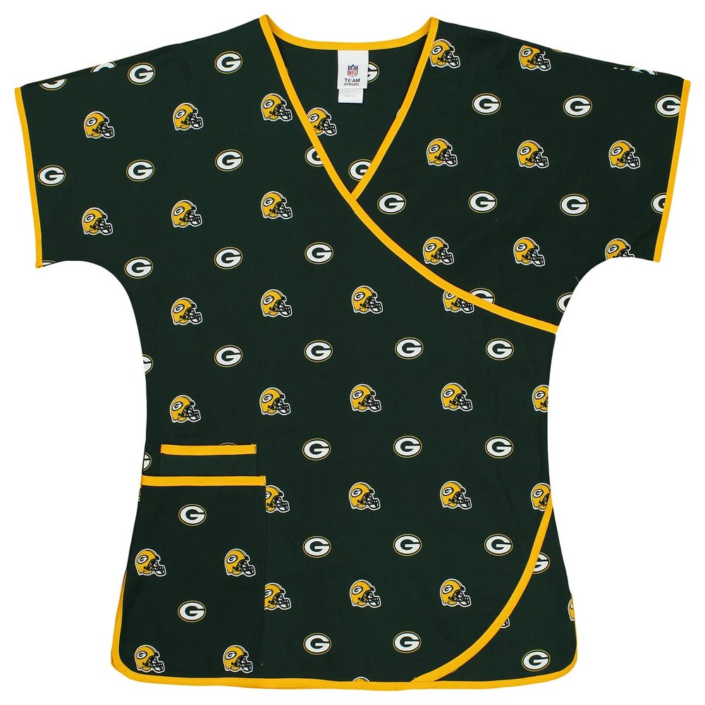 Fabrique Innovations NFL Women's Team Logo Wrap Scrub Top (Green Bay Packers Printed Left, X-Small)