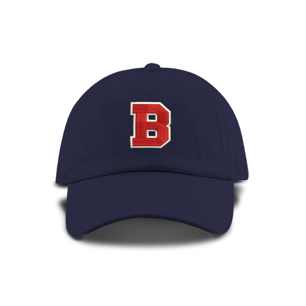 Monogram Letter or Number Baseball Cap - Toddler, Youth Kids, and Adult Adjustable Hat - Navy Hat with White and Red Thread (6-9 Youth Size, B)