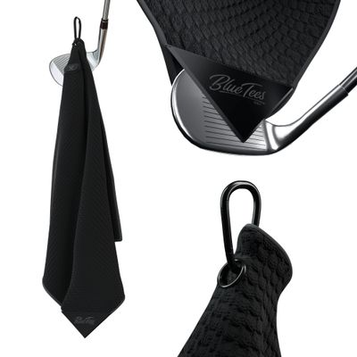 Blue Tees 4 in 1 Magnetic Golf Towel - Standard & Caddy Sizes - Silicone Brush - Groove Cleaner - Magnetic Golf Towels for Golf Bags - Strong Hold to Golf Carts or Clubs - Black - Standard 18"x18"