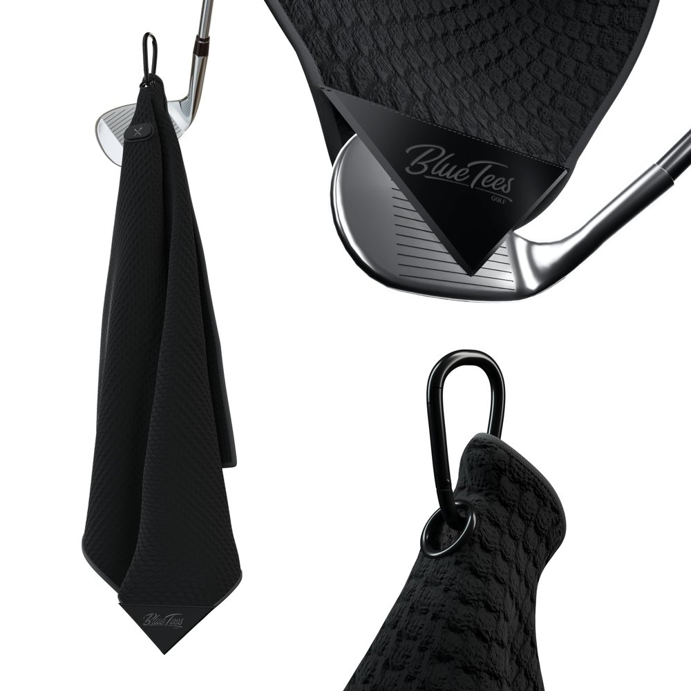 Blue Tees 4 in 1 Magnetic Golf Towel - Standard & Caddy Sizes - Silicone Brush - Groove Cleaner - Magnetic Golf Towels for Golf Bags - Strong Hold to Golf Carts or Clubs - Black - Standard 18"x18"